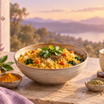 Ayurvedic nutrition meal with khichdi, ginger, herbs and herbal tea