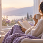 Faceless woman sitting by a window, sipping coffee and reading a book in a calm softly lit room.